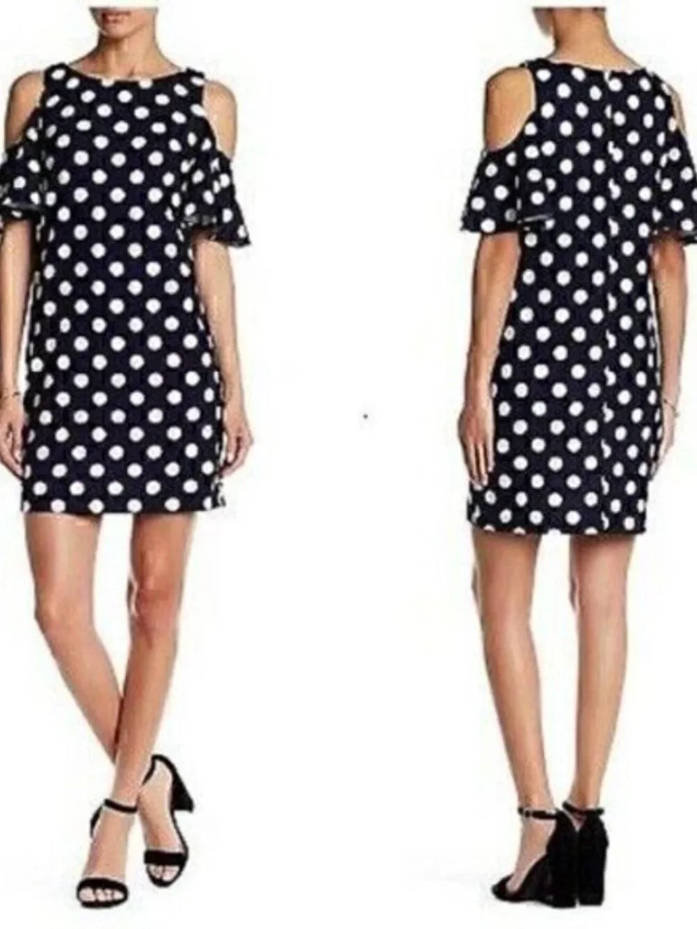 Eliza J Womens Navy Polka Dot Round Neck Cold Shoulder Sleeve Mini Dress Size 0